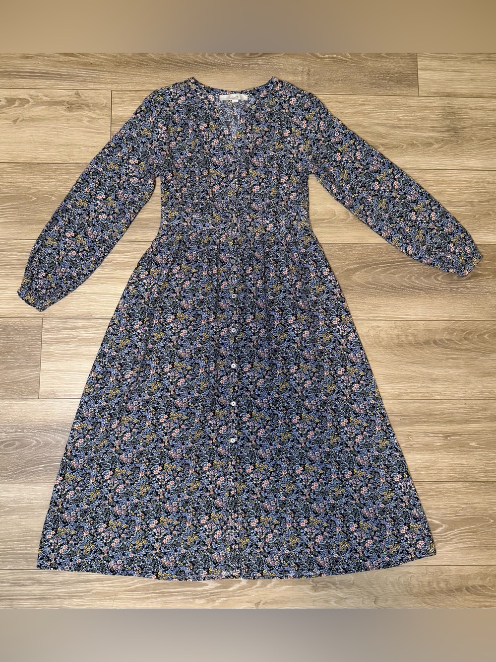 LOFT Navy Blue Floral Long-Sleeve Button Down Midi Dress - Picture 13 of 16